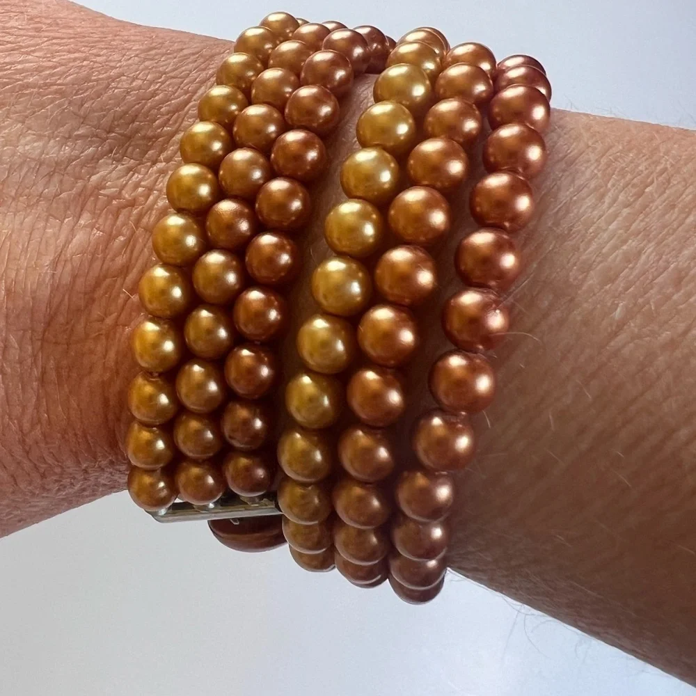 Vintage Three Strand Choker Faux PearlBrown Orange Gold Retro Glam